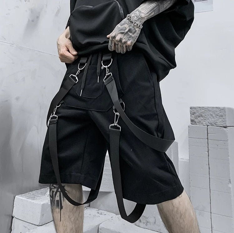 Men's Summer Ribbons Hiphop Harajuku Punk Cargo Shorts Summer Mens Multi Pocket Urban Fashion Relaxed Fit Techwear Streetwear Cargo Shorts