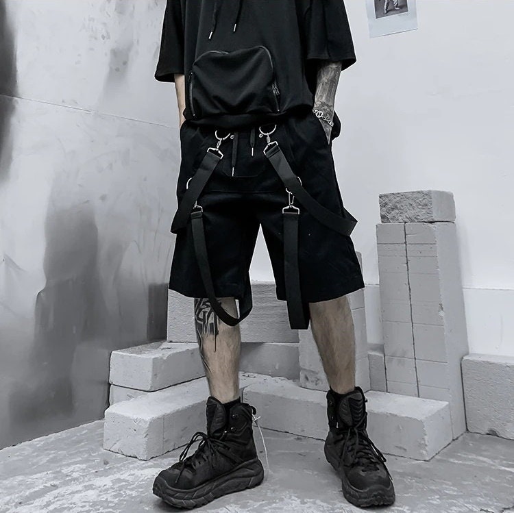 Men's Summer Ribbons Hiphop Harajuku Punk Cargo Shorts Summer Mens Multi Pocket Urban Fashion Relaxed Fit Techwear Streetwear Cargo Shorts