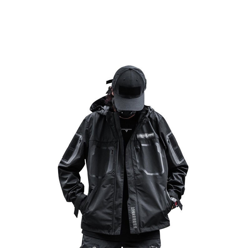 Men's Techwear Combat Functional Jacket Streetwear Fashion Black Zip Up Cyberpunk Windbreaker