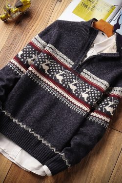 Men Autumn Casual Jacquard Warm Half Zip Christmas Sweater Cardigan Jacket Men Winter Vintage Mock Neck Sweater Pullover Men