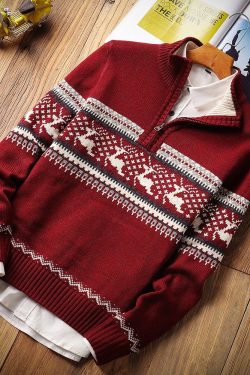 Men Autumn Casual Jacquard Warm Half Zip Christmas Sweater Cardigan Jacket Men Winter Vintage Mock Neck Sweater Pullover Men