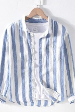 Men Linen Shirts Long Sleeve Striped Shirts Loose Button Down Handmade Shirts Linen Shirts Handmade Shirts
