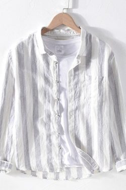 Men Linen Shirts Long Sleeve Striped Shirts Loose Button Down Handmade Shirts Linen Shirts Handmade Shirts