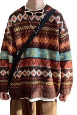 Men Long Sleeve Crew Neck Argyle Geometric Knitted Sweater Jumper Pullover Brown Blue Spring Autumn Winter