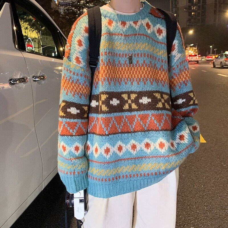 Men Long Sleeve Crew Neck Argyle Geometric Knitted Sweater Jumper Pullover Brown Blue Spring Autumn Winter