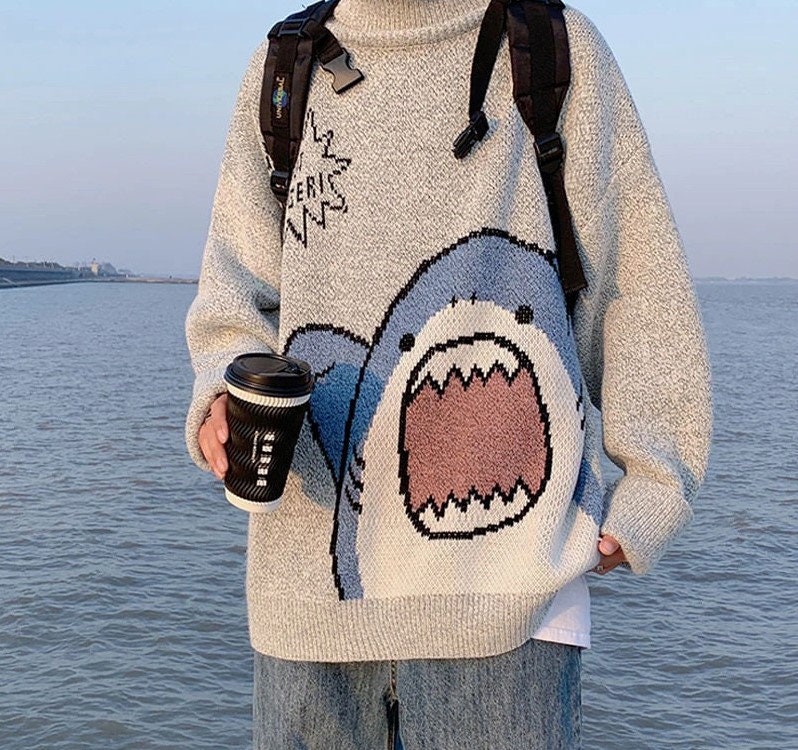 Men Turtlenecks Shark Sweater Men 2020 Winter Patchwor Harajuku Korean Style High Neck Oversized Grey Turtleneck For Men