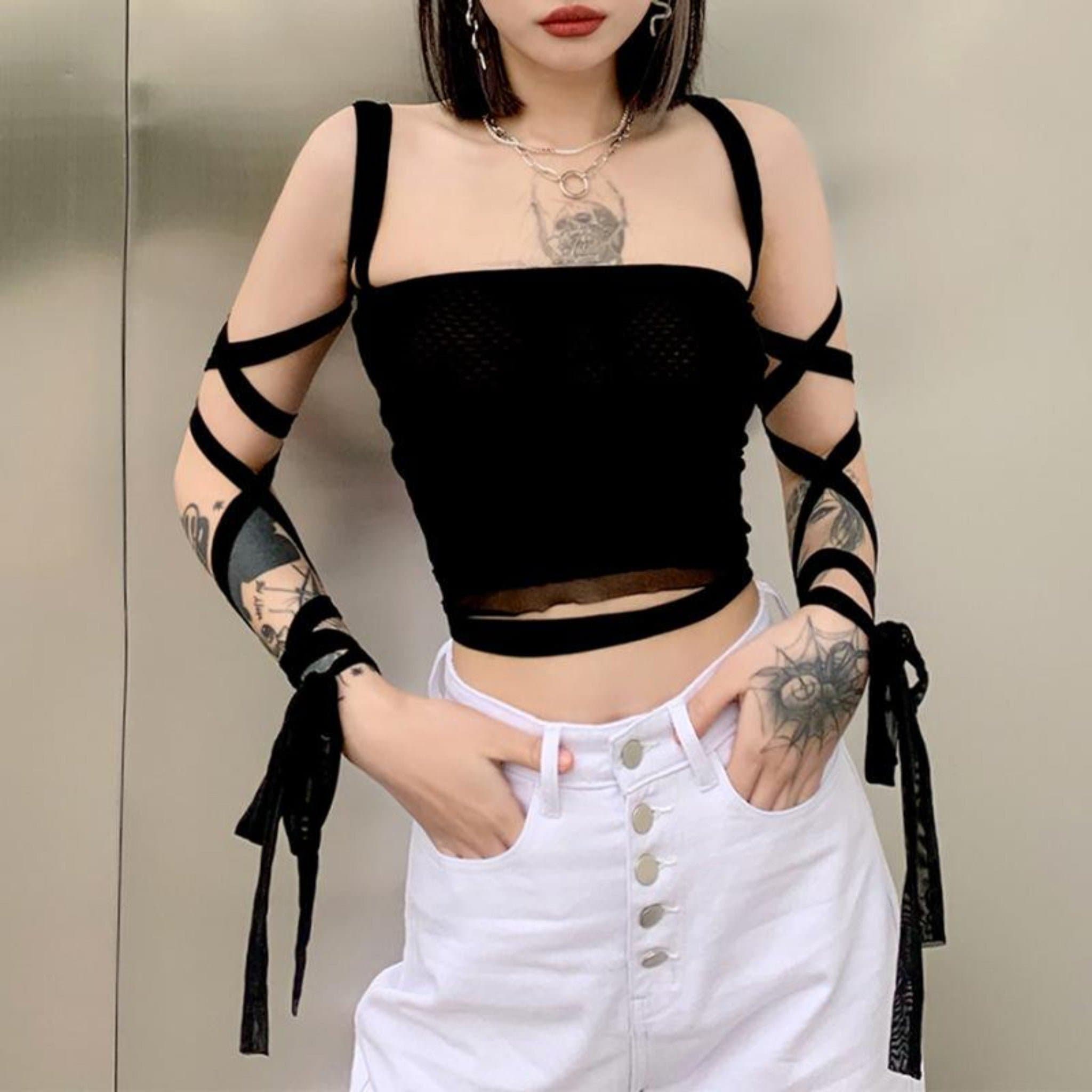 Mesh Lace Up Bandage Crop Top In Black