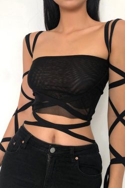 Mesh Lace Up Bandage Crop Top In Black
