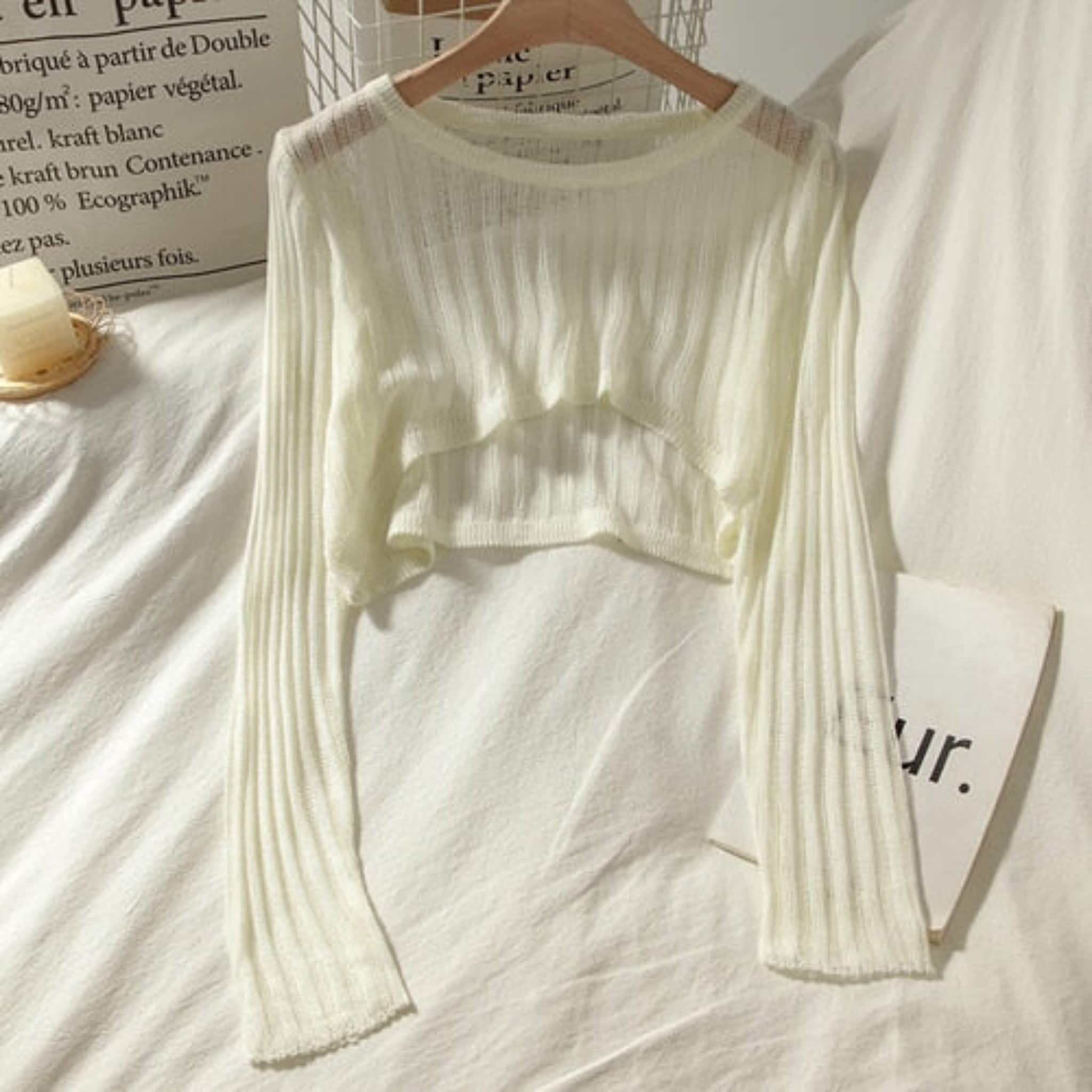 Mesh Ribbed Knit Crop Top With Long Sleeve