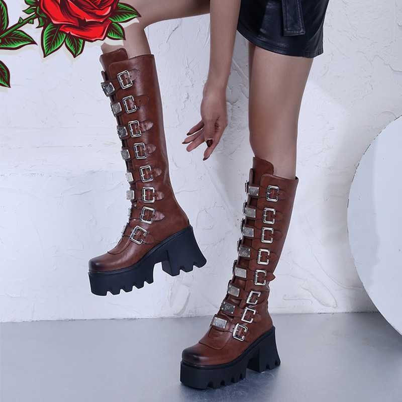 Metal Buckle Platform Boot Motorcycle Boot Gothic Boots Biker Boot Knee High Boots Tall Boots Long Boots Black Long Boots