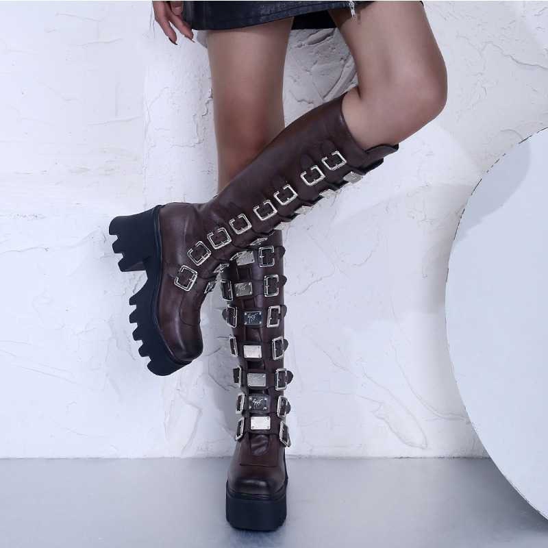 Metal Buckle Platform Boot Motorcycle Boot Gothic Boots Biker Boot Knee High Boots Tall Boots Long Boots Black Long Boots