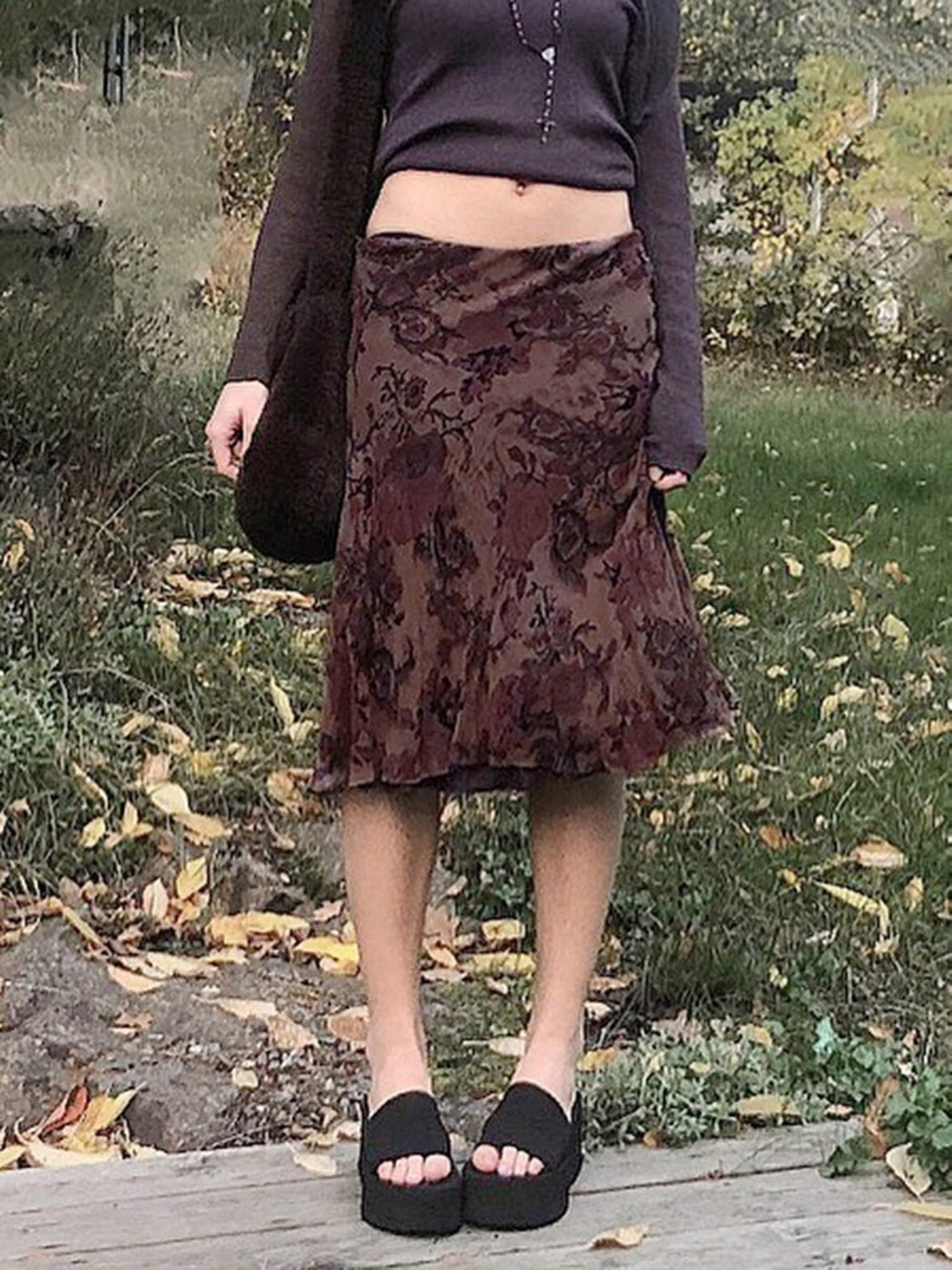 Midi Skirts Gothic Grunge Aesthetic Summer Low Waist Skirt Women Summer Floral Print Brown Floral Mesh Skirt