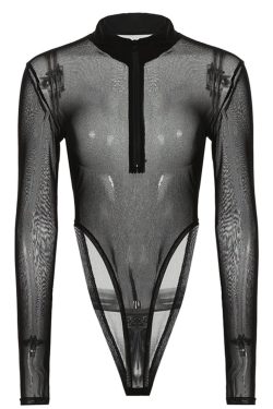 Mockneck High Leg Mesh Mesh Bodysuit With Zipper In Black