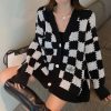 Monotone Black And White Check Pattern Soft Knit Button Up Cardigan Retro Vintage Trends Cute Aesthetic Fashion Y2k 2000s 90s Style