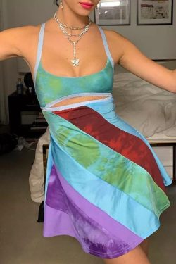 Multi Color Sleeveless Strap A Line Mini Dress Hallow Out 90's Backless Style Mini Dress Summer Beach Wear Streetwear Outfit Sexy Dress