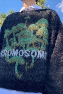 Mushroom Mohair Streetwear Style Kromosome Autumn Y2k Fluffy Winter Oversized Cotton Mohair Men Black Newschool Pullover Jumper Sweatshirt