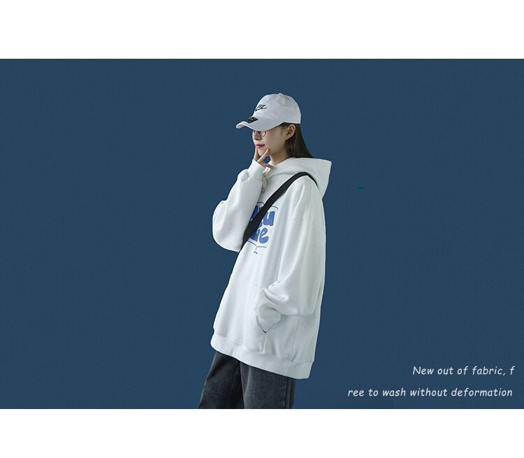 Navy Blue Baggy Pullover Korean Fashion Fleece Thicken Letter Printing Sweatshirt Casual Lazy Raglan Sleeves Drawstring Hoodie