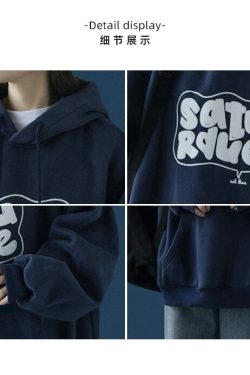 Navy Blue Baggy Pullover Korean Fashion Fleece Thicken Letter Printing Sweatshirt Casual Lazy Raglan Sleeves Drawstring Hoodie