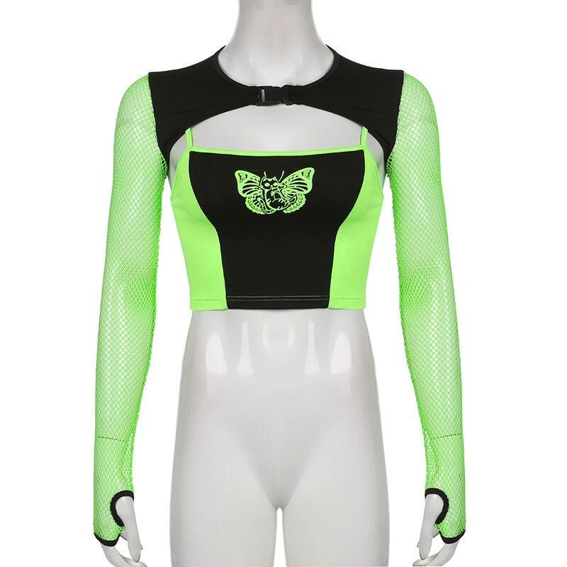 Neon Green Fishnet Mesh Crop Top Two Piece Set Streetwear Gothicwear Punkwear Egirl Grunge Techwear