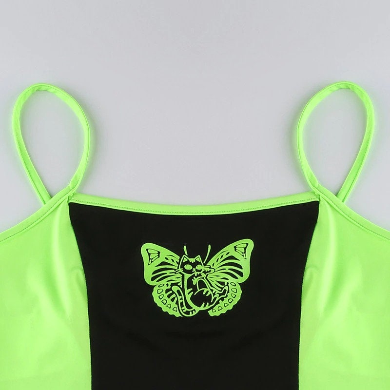 Neon Green Fishnet Mesh Crop Top Two Piece Set Streetwear Gothicwear Punkwear Egirl Grunge Techwear