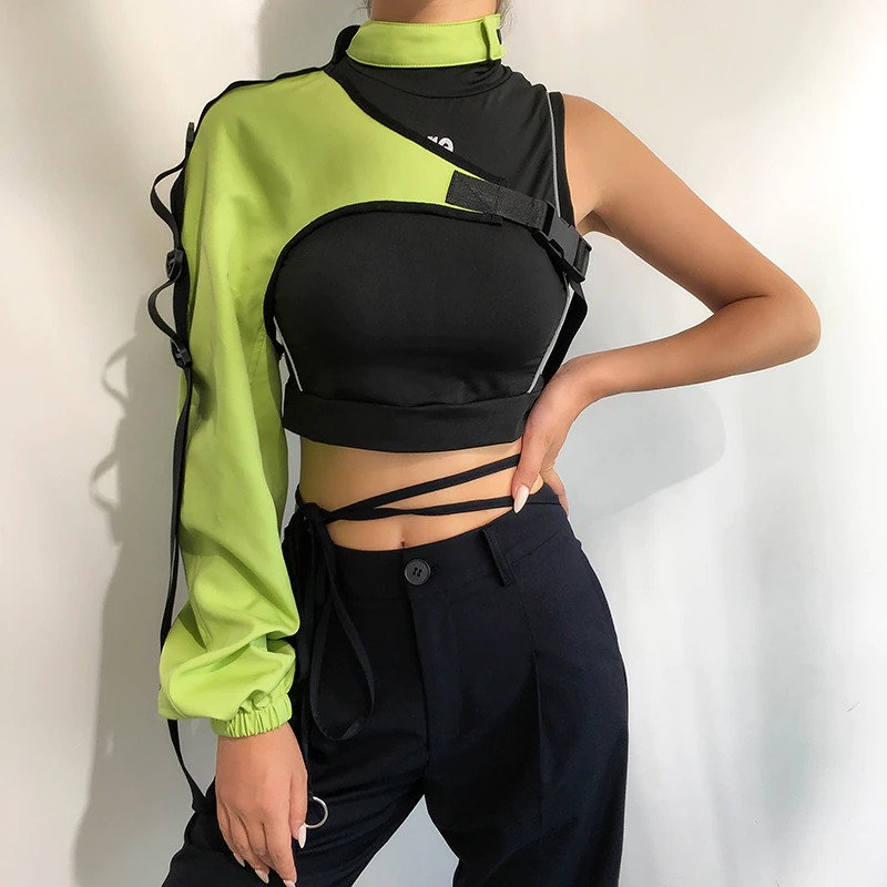 Neon Green Reflective Black Colored Turtleneck One Shoulder Sleeve Top Ravewear Summerwear Streetwear