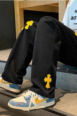 New American High Street Embroidery Cross Drawstring Pants Fashion Hip Hop Casual Sweatpants Loose Couple Straight Y2k Chrome Hearts Pants