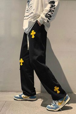 New American High Street Embroidery Cross Drawstring Pants Fashion Hip Hop Casual Sweatpants Loose Couple Straight Y2k Chrome Hearts Pants