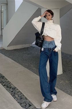 New Double Buckle Vintage Blue Spring High Waist Patchwork Straight Pants Jeans Chic Streetwear Female Casual Fashion