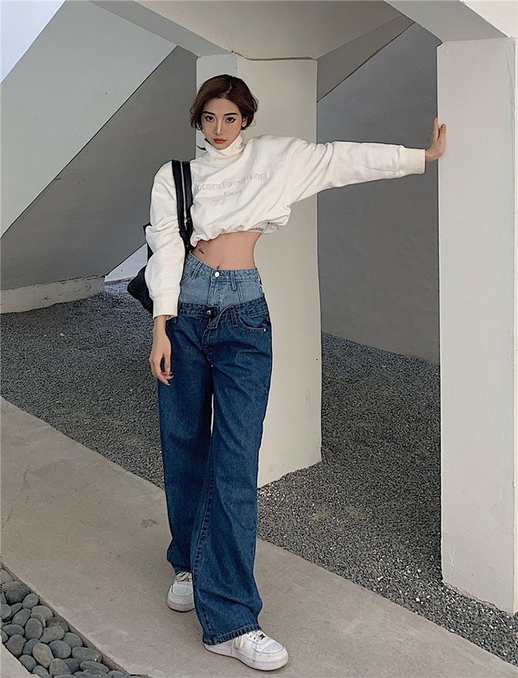 New Double Buckle Vintage Blue Spring High Waist Patchwork Straight Pants Jeans Chic Streetwear Female Casual Fashion