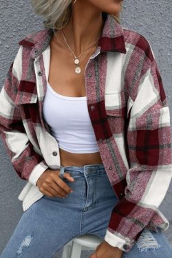 New Plaid Shacket Button Front Shirt Jacket Flannel Coat Vintage Inspired Women's Lapel Classic Plaid Jacket