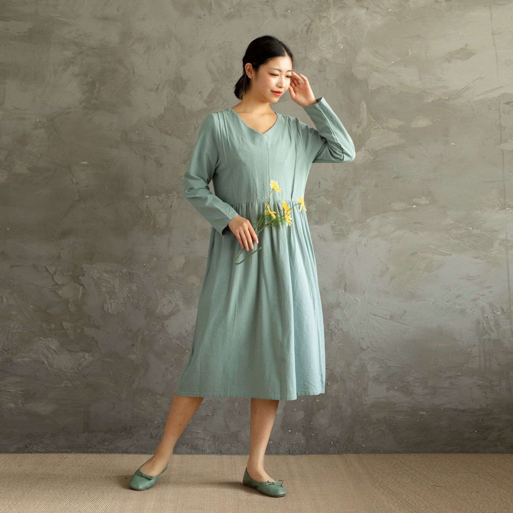 New Spring Cotton Dress V Neck Casual Loose Dress Tunics Long Sleeves Robes Knee Dresses Customized Dress Plus Size Clothing Linen Dress
