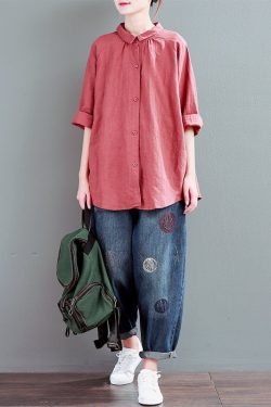 New Spring Cotton Tops Long Sleeve Shirt Dresses Buttons Tunics Loose Blouse Customized Dress Plus Size Clothing Linen