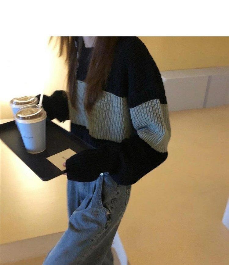 New Style Women Sweaters Pullovers Short Patchwork Jumpers Retro Women Sexy Loose Soft All Match Knitted Streetwear Sweet Fit