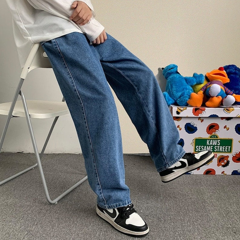 New Trendy Streetwear Baggy Jeans Clothes For Men Men's Denim Wide Leg Pants Korean Style Straight Cut Jeans Elastic Waist Back To School