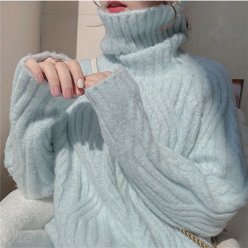New Turtleneck Sweater Woman Blue Thicken Long Sleeve Knitting Jumper Korean Autumn Winter Warm Sweater Pullover Female