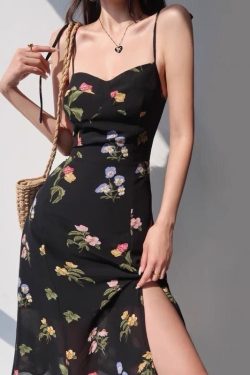 New Vintage Black And Colourful Floral Midi Strap Dress Y2k Clothing Korean Fashion French Retro Summer Dress 60s 70s 80s 90s 00s