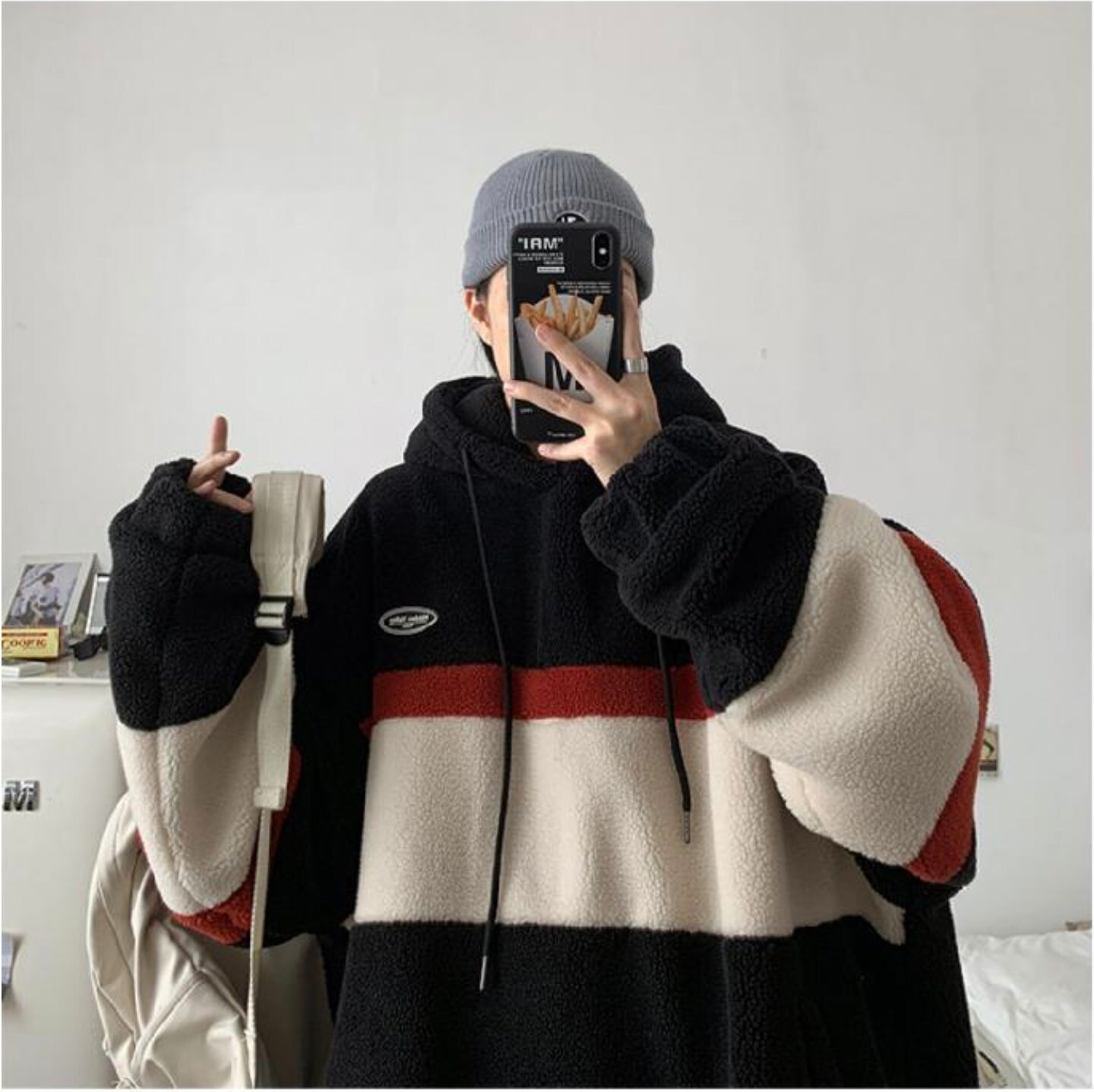 New Y2k Korean Style Fleece Hoodie Fashion Women Patchwork Stripe Hooded Sweatshirts Couples Loose Coats Casual Tops Pullover Simplyy2k