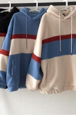 New Y2k Korean Style Fleece Hoodie Fashion Women Patchwork Stripe Hooded Sweatshirts Couples Loose Coats Casual Tops Pullover Simplyy2k