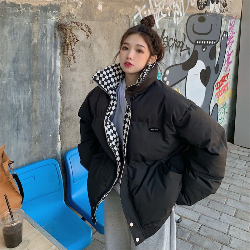 New Y2k Warm Winter Jacket Down Cotton Plaid Women Zipper Padded Coat Solid Thick Puffer Parkas Jackets Loose Outerwear Female Simplyy2k