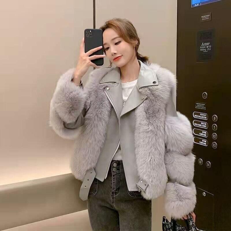 Office Lady Faux Fox Fur Winter Women Short Zipper Jacket Female Imitation Leather Stitching Biker Overcoat