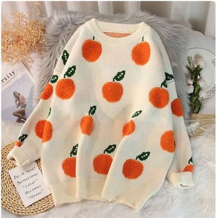 Orange Fruit Winter Knit Sweater Female Crew Neck Pullover Long Sleeve Jumper Women Casual Sweatshirt