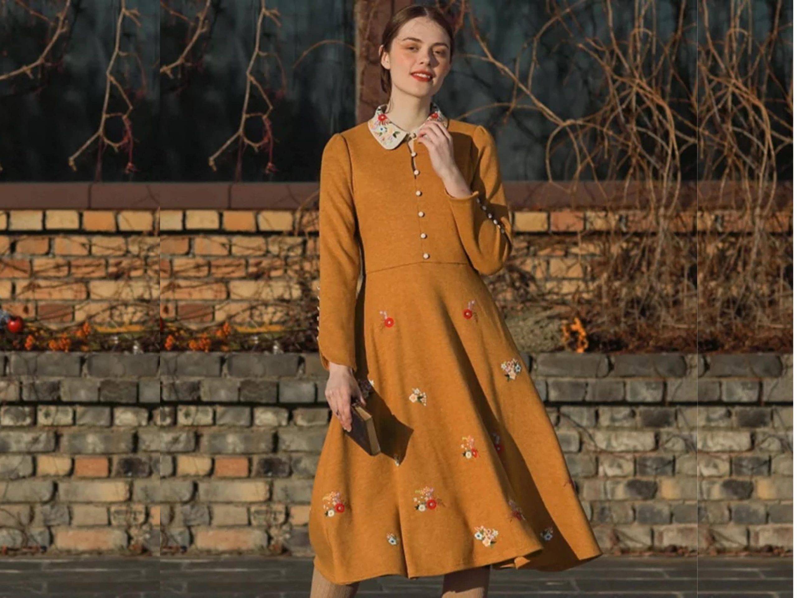 Original Design Autumn Winter Women Elegant Slim Mori Girl Dress French Embroidery Yellow Long Knitted Cottagecore Dresses Victorian Dress