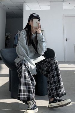 Oversize Plaid Pants Y2k Loose Wide Leg Trousers Vintage Relaxed Pants