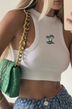 Palm Tree Ribbed Tank Top Y2k Casual Top Gift For Her