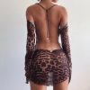 Party Night Sexy Leopard Backless See Through Club Wear Women Clothing Flared Sleeves Lace Up Body Con Mini Street Dresses