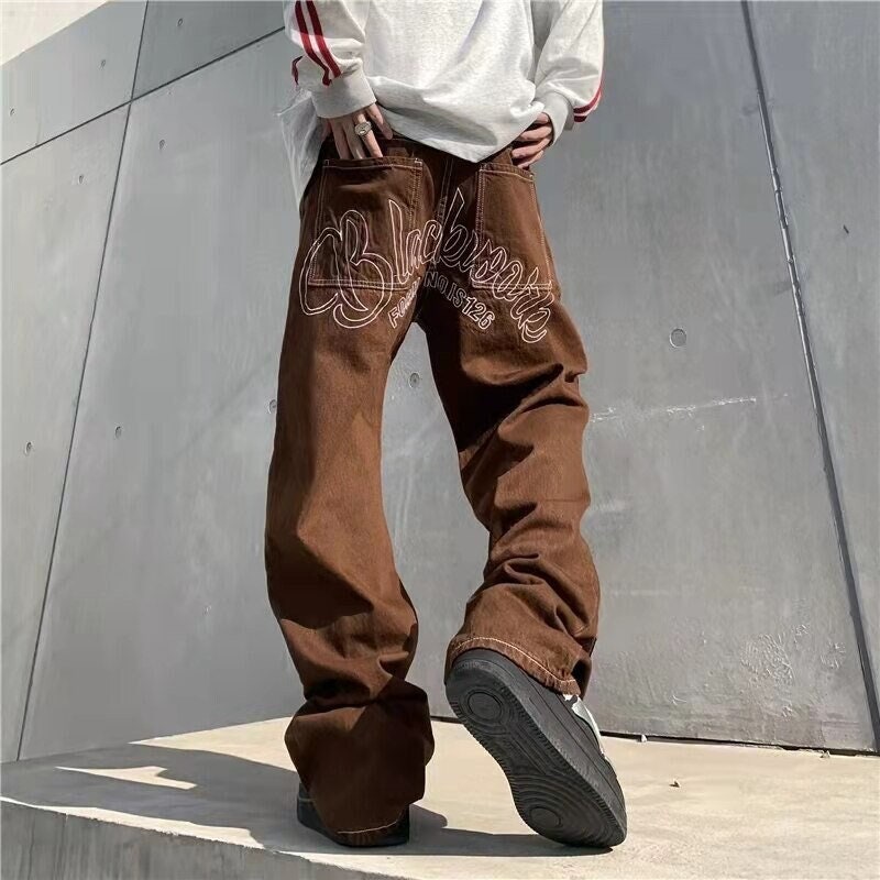 Patchwork Letter Stars Embroidery Ripped Mens Denim Trousers Straight Retro Washed Oversized Streetwear Baggy Jeans