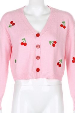 Peach Embroidery V Neck Loose Casual Cardigan Knit Top Knit Cardigan Cropped Navel Dress Y2k Apparel