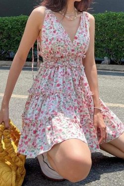 Pink Floral Backless Mini Dress Streetwear Vintage Retro Korean Lolita Y2k