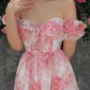 Pink French Flower Dress Off Shoulder Ruffle Cottagecore Dress Fairy Chiffon Maxi Victorian Puff Sleeve Dress