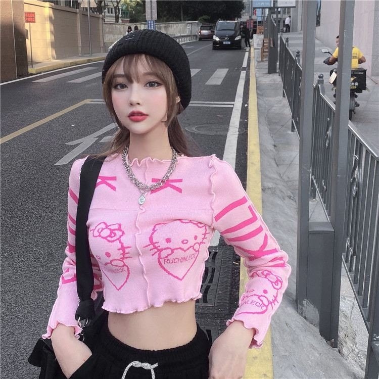 Pink Kitty Knit Winter Jacket Fashion Woman Crop Top Lolita Kawaii Pullover Kawaii Aesthetic Harajuku Streetwear E Girl Clothing